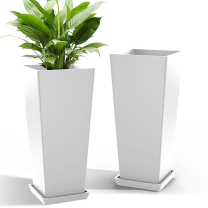 TUYOHW 24 Inch Tall Tapered Square Planters (Set of 2) - Indoor Outdoor Large Flower Pots with Built-in Drainage & Matching Water Tray for Patio, Garden, Home - White - color: White