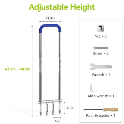 Knee-Friendly Manual Lawn Aerator, Adjustable 43.3–48.5", Silver, Dual Step