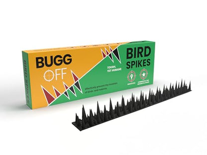 BUGGOFF - Bird & Rodent Spikes, Unique Spike Pattern effecitviely deteres Pesky Pigeons, Squirrels, Raccoons. Installs on Fences, Gates, Roofs, Walls and More! (13 Feet, Black Plastic) - color: Black Plastic