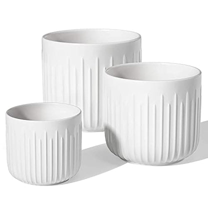 LE TAUCI Ceramic Planters, 8.3/7/6 Inch Indoor Pots for Plants with Drainage Holes & Mesh, Modern Matte Glaze Cylinder Fluted Plant Pot for Snake Plant, Set of 3, White - color: White