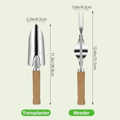 Garden Tool Set, 2 Pieces Stainless Steel Heavy Duty Garden Tools, Garden Kit with Ergonomic Wooden Handle, Durable Garden Tools for Gardening, Gardening Gifts for Women - style: 2PC(Transplanter&Weeder)