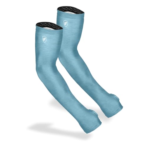 FARMER'S DEFENSE Gardening Arm Sleeves|UV Cooling Protective Sleeve Women & Men|Anti-Scratch Cover Sun UPF Outdoor Protection - Heather Blue - SM - color: Heather Blue, size: Small-Medium