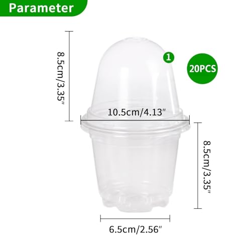 JOPY 4 Inch Plastic Nursery Pots with Humidity Dome for Plants 20 Pack Clear Seedlings Planting Pots for Garden Indoor and Outdoor Small Planter Containers with Drainage Holes - size: 4 inch-20Pcs
