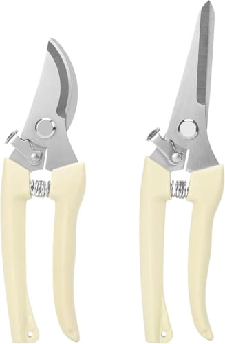 2 PACK Pruning Shears, Stainless Steel Garden Shears, Sharp Handhled Gardening Scissors, Bypass & Straight Blade Garden Clippers for Plants, Flowers, Fruits Trees, Gardening Gifts -White - color: White