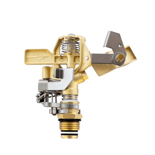 1/2" Brass Impact Sprinkler Head, Heavy Duty Zinc-Free Solid Brass Body, Adjustable 0°–360° Spray Pattern, Up to 45 FT Radius, Stainless Steel Spring & Parts for Lawn Garden Irrigation