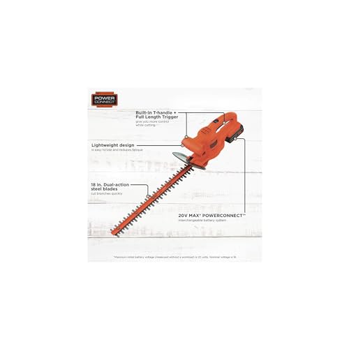BLACK+DECKER 20V MAX Hedge Trimmer Cordless, 18 inch Blade, (1) Battery and Charger Included, Light Weight Reduced Vibration, Bush Trimmer Hedger (LHT218C1)