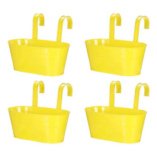uxcell Rail Planter for Outdoor Plants, 4 Pcs 11" Iron Wall Hanging Planters Fence Railing Balcony Planters with Drainage Holes and Detachable Hooks, Yellow - color: Yellow