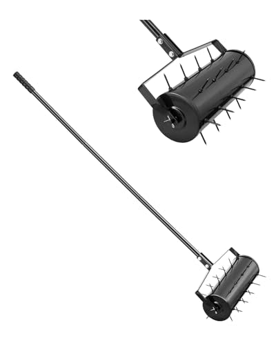 VEVOR Rolling Lawn Aerator, 18-inch Heavy-Duty Manual Rolling Aerator Lawn with Detachable Handle and 27 Iron Spikes, Rolling Lawn Aeration Tool for Garden Patio Yard Compacted Soils and Lawns, Black - size: 18-inch, style: Rolling