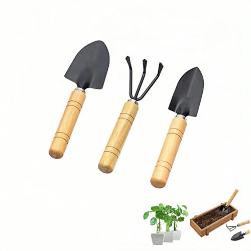 3-Piece Mini Garden Tool Set, Indoor Plant Care Kit with Wood Handle, Black Iron Tools for Potting, Transplanting and Cultivating, Compact Succulent and Houseplant Tools,Small Shovel, Trowel, Rake