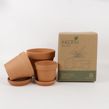 INGOFIN Terracotta Pots Set with Saucer - 5/6/7 inch Ceramic Clay Planters with Drainage Hole, Garden Flower Succulent Pots with Tray for Indoor Outdoor Plants, Set of 3 - size: 5/6/7 inch -3 pcs