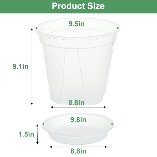 Plant Pots 9.5 inch Set of 3, Nursery Pots with Drainage Holes and Saucers - size: 9.5 inch set of 3