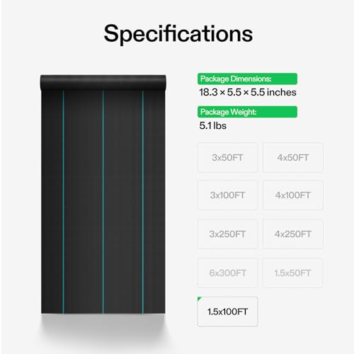 VIVOSUN Premium Weed Barrier Landscape Fabric Heavy Duty, 1.5ftx100ft 5oz Double-Layered Weed Control Mat with High Permeability, Commercial Ground Cover, Easy Set up & Superior Weed Control - size: 1.5x100FT