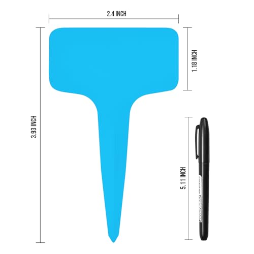 Plant Labels 200 Pcs Yuanling T-Type Plastic Garden Tags Waterproof Plant Sign Stakes Nursery Garden Makers for Seedlings Flower Vegetables Herb Potted Belt Permanet Marker Pen (Blue) - color: Blue