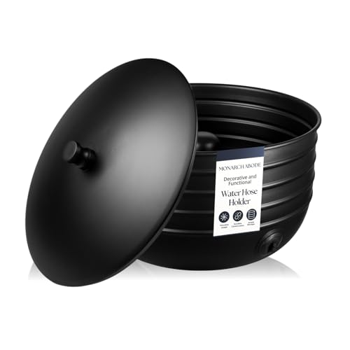 Monarch Abode Garden Hose Holder with Lid – Decorative Water Hose Holders for Outside, Border Embossed Metal Matte Black Pot with Drainage, 100ft Waterhose Holder for Outside, Garden Storage Caddy