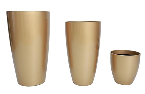 24,21,11 Inch Large Plastic Planters with Drainage Hole and Saucer - Set of 3 Tall Plant Pots Indoor Flower Pot Tall Round Planters Outdoor Large Tall Planter - color: Golden