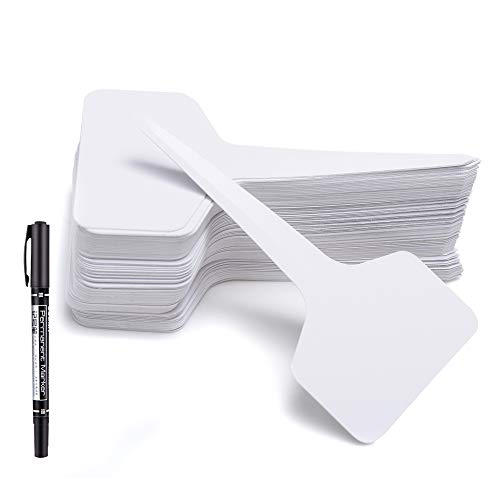 MIHEY 100 Pcs T-Type Plant Labels Tags Garden Markers with Gel Pen, White - color: White