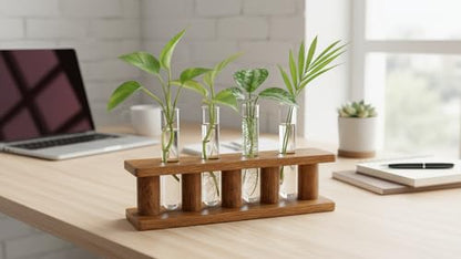 Wooden Plant Propagation Station Stand with Four Glass Test Tubes Indoor Desktop Terrarium for Hydroponics Water Plant Cutting Flower Vase Planter Home Office Garden Decor Plant Lover Gifts, Brown