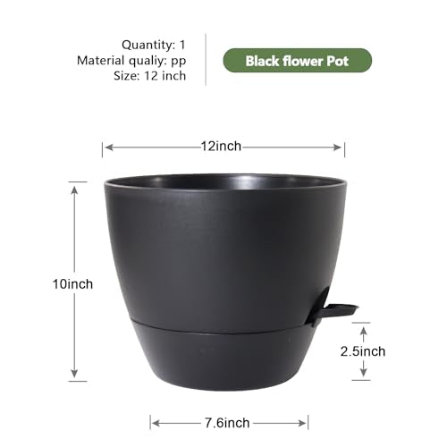 WSMKSZ 12 inch Large Self Watering Pots, Flower Plant Pots with Multi Mesh Drainage Holes for Indoor Outdoor Garden Plants and Flowers, Plastic Planters with Removable Deep Reservoir, Black - color: Black, size: 12inch 1pcs