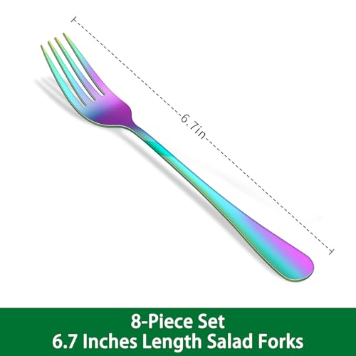 Rainbow Salad Forks Set of 8, Colorful Stainless Steel Dessert Fork For Kitchen, Metal Silverware Fork, Small Fork For Dining - color: Rainbow