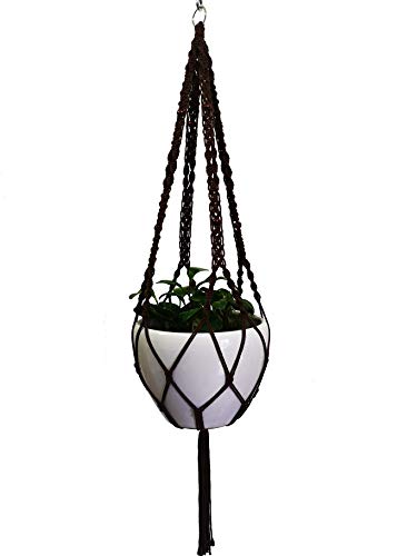 Hemp and Cotton Rope Macrame Plant Hanger Hanging Planter 4 Legs 59 Inch, Without Pot for 12-13 inch Plant Pot (Dark Brown-Cotton)