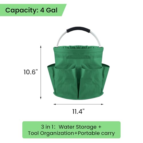 Garden Tote Bag with Tool Pockets, 4 Gal Foldable Fabric Garden Organizer for Planting, Pruning, Harvesting, Yard Cleanup, Beach Toys and Outdoor Storage, Green