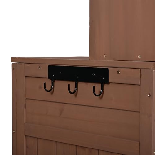 Merax Outdoor Garden Potting Bench with Hutch, 65" H Solid Fir Wood Patio Garden Workstation Tabl with Large Countertop, Adjustable Shelves, Door Rack, Side Hook and Drawer, Brown - color: Brown