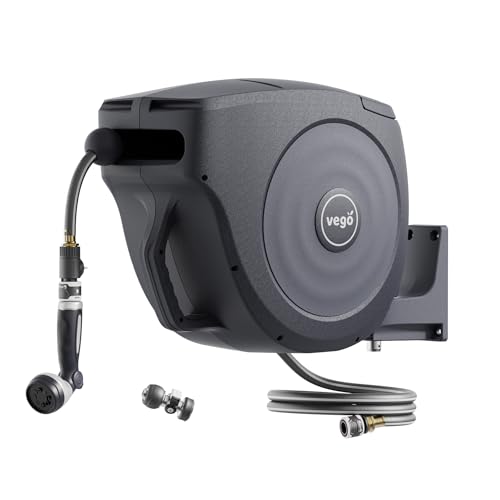 Vego Garden Hose Reel Retractable 1/2" 130ft Wall Mounted Hose Reel Automatic Rewind, Any Length Lock with 9 Patterns Sprayer Nozzle, Quick Connector and Adjustable shot Nozzle-Tidepool Blue - color: Tidepool Blue, size: 130ft