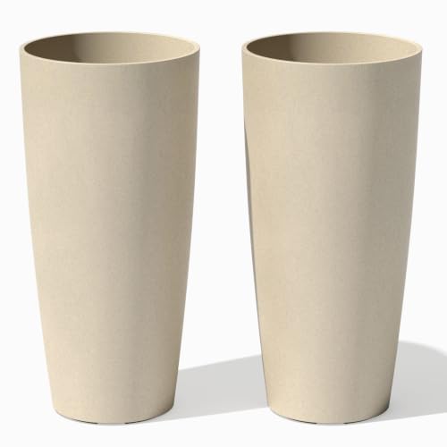 Veradek Mason Series Vega Planter - Tall Round Outdoor Planter with Shelf - color: Sand, size: 28 inch - 2 pack