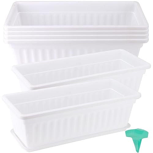 JOIKIT 6 Packs 17 Inch White Plastic Flower Window Boxes Planters with Drainage Holes & Tray, Rectangular Long Vegetable Flower Windowsill Box Planter Pot with Plant Label for Garden Patio Balcony - color: White