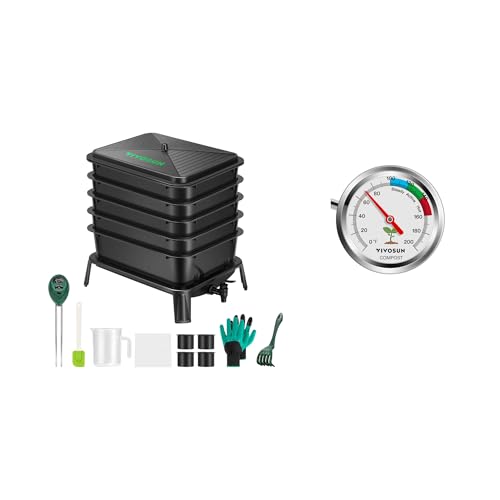VIVOSUN 5-Layer Worm Compost Bin and Compost Thermometer, 20 Inch Backyard Soil Thermometer with Stainless Steel Dial for Composting Bins, Outdoor Gardening and Planting (0-200°F)