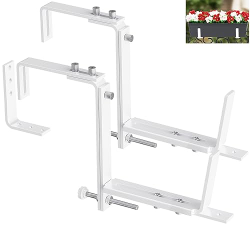 Y&M 2 Pcs Deck Railing Adjustable Planter Box Brackets (6 to 12.5 in), Universal Heavy Duty Iron Flower Box Brackets Wall Mounting Hooks for Fences, Patio, and Garden - White (Patent Registered) - size: 2 Pcs - White