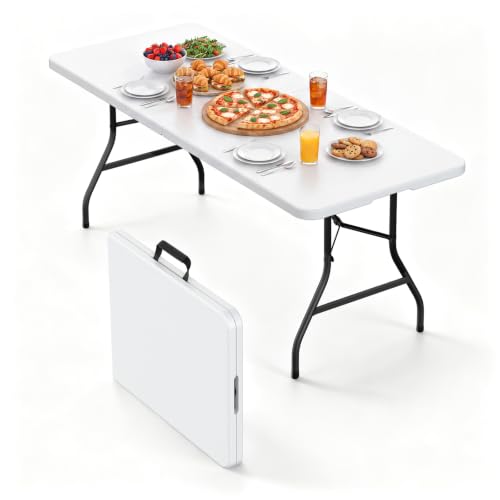 Folding Table, 6FT Foldable Picnic Table with Carrying Handle, Heavy Duty Fold-in-Half Portable Table for Weddings, Camping, RV Travel, Parties, BBQs, and Indoor Use, Easy to Fold and Store, White - color: White, size: 6FT