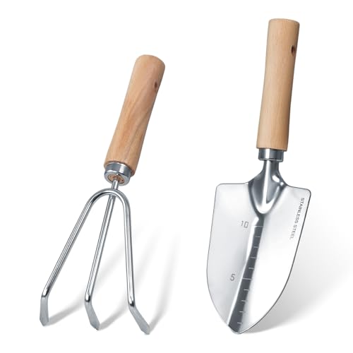 Garden Tool Set, 2 Pieces Stainless Steel Heavy Duty Garden Tools, Gardening Kit with Wooden Handle Garden Hand Tools, Durable Garden Tools for Gardening, Gardening Gifts for Women Men - style: 2PC(Trowel&Cultivator)