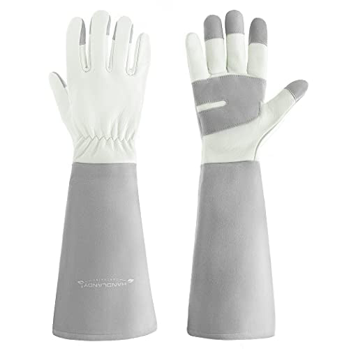 HANDLANDY Ladies Leather Gardening Gloves, Thorn Proof Women Long Rose Gloves (Light gray, Large) - color: Light Gray, size: Large (Pack of 1)