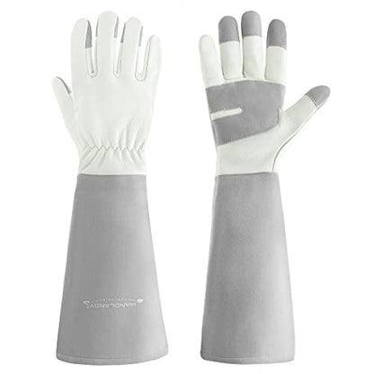HANDLANDY Ladies Leather Gardening Gloves, Thorn Proof Women Long Rose Gloves (Light gray, Small) - color: Light Gray, size: Small (Pack of 1)