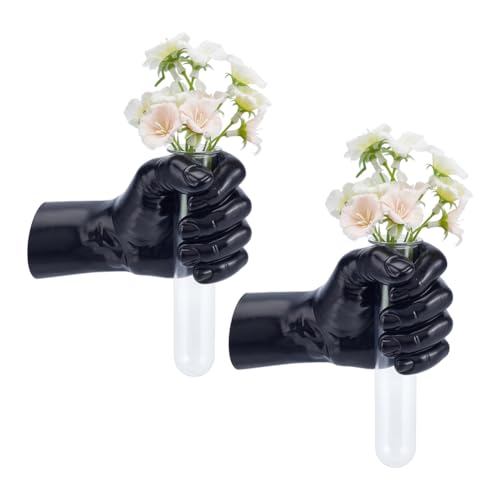AHANDMAKER 2Pcs Wall Sculptures Black Left Hands Vases Home Decor Wall Mount Art Sculpture Funky Flower Vase with Test Tube for Unique Decoration in Living Rooms, Entrance and Room Two Left Hands - color: Black