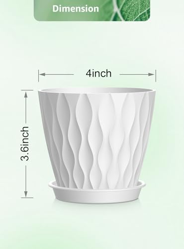 Set of 6 Plant Pots 4 inch Pots, Plastic Planters with Drainage Holes and Saucers,Plastic Flower Pots,Nursery Planting Pot for Indoor Out Door Plants（White） - color: White