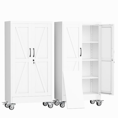 erosoei 47" H Metal Garage Storage Cabinet, Rolling Tool Cabinet with 2 Doors and Wheels, Locker Steel Cabinet with 3 Adjustable Shelves, Organization Cabinet for Garage,Office,Home,Gym,School - color: White, size: 47" CasLck-M