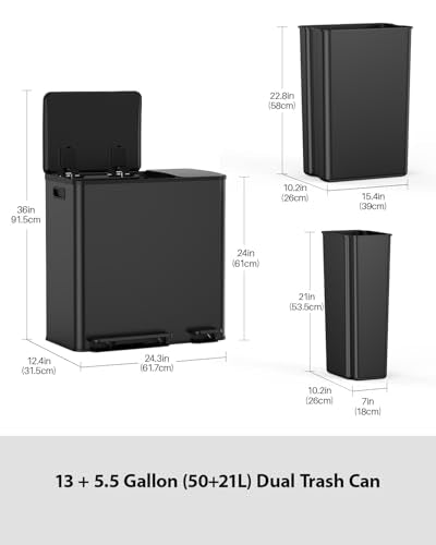 Lovewind Double Trash Can Kitchen, 13+5.5 Gallon Stainless Steel Dual Trash and Recycle Bin Combo with Silent Close Lid, Heavy-Duty Foot Pedal, Easy to Clean Garbage Can for Large Families, Black - color: Black, size: 13+5.5 Gallon