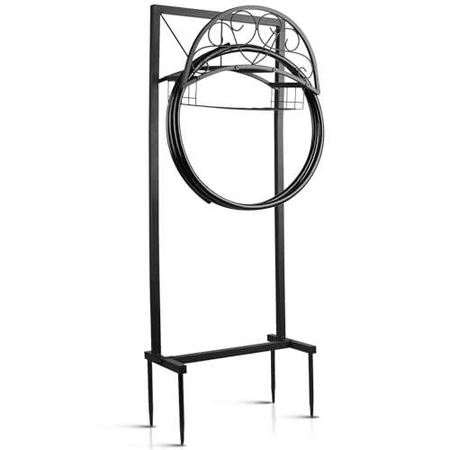 Garden Hose Holder Stand with Storage Basket, Heavy Duty Freestanding Hose Holder for Outside, Holds Up to 150FT Water Hose, Metal Hose Hanger Rack with 4 Anchor Spikes for Yard Lawn Garden