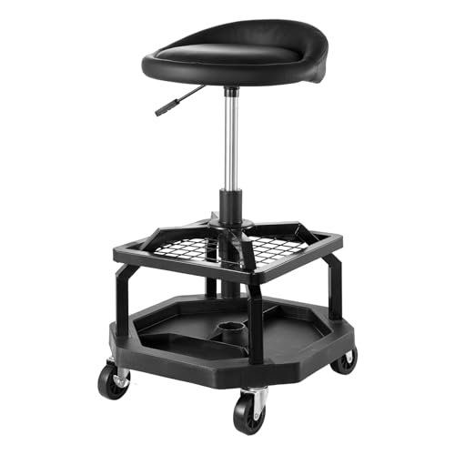 VEVOR Industrial Black Pneumatic Garage Seat/Work Stool with 300 lbs Capacity, Adjustable Height Roller Creeper Seat, 360 Swivel Padded Workshop Stool with Casters, for Garage, Shop & Auto Repair