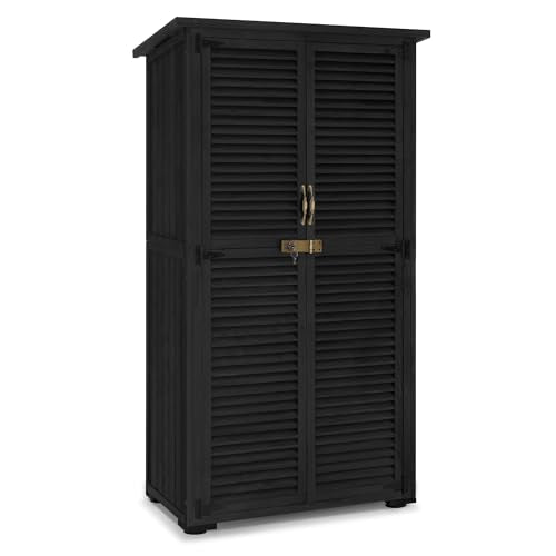 MCombo Outdoor Wooden Storage Cabinet, Garden Tool Shed with Latch, Outside Tools Wood Cabinet with Double Doors for Patio - color: Black, size: Large