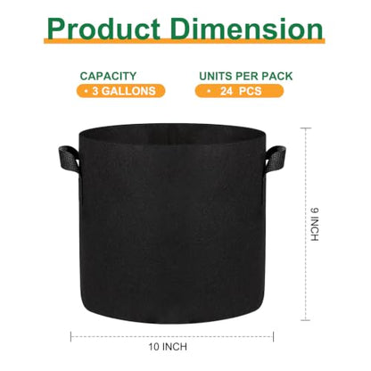 JERIA 24-Pack 3 Gallon Nonwoven Grow Bags, Plant Grow Bags，Heavy Duty Aeration Fabric Pots with Durable Handles - size: 3 Gallons