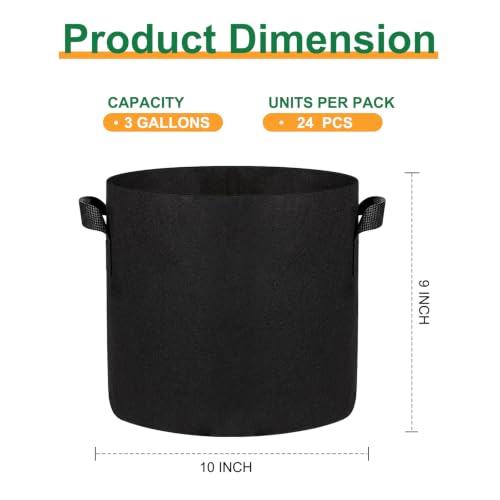 JERIA 24-Pack 3 Gallon Nonwoven Grow Bags, Plant Grow Bags，Heavy Duty Aeration Fabric Pots with Durable Handles - size: 3 Gallons