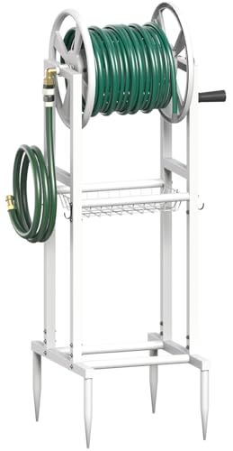 Freestanding Garden Hose Reel holds 125ft Hose of 5/8" with 4 Hooks, 4-Spike Outdoor Hose Holder with 3.9ft Leader Hose & Brass Fitting, Detachable Metal Hose Stand with Storage Rack, White - color: White