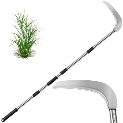 12.6'' Scythe Tool for Grass Cutting, 4 Stainless Steel Poles, Adjustable Dual-hand Grip, Professional-Grade Blade, for Clearing Bushes, Vines, Fields, Ditches, Paths, Landscaping, 67in, Silver.