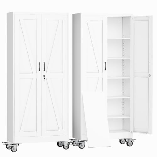 erosoe 75" H Metal Garage Storage Cabinet, Rolling Tool Cabinet with 2 Doors and Wheels, Locker Steel Cabinet with 5 Adjustable Shelves, Organization Cabinet for Garage,Office,Home,Gym,School-White - color: White, size: 75" CasLck-M