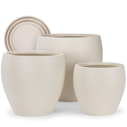 YNNICO 17.5/14.8/12.2 inch Large Flower Pots Plastic Planter with Drainage - color: Light Beige