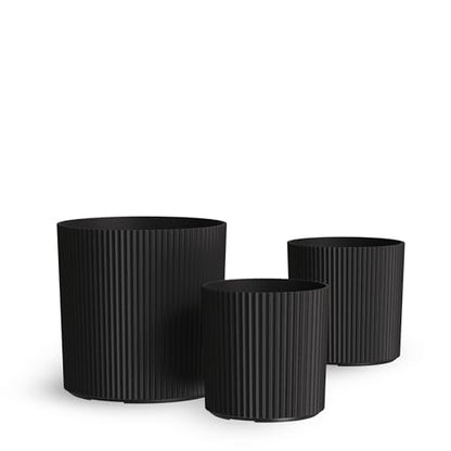 Mayne Haven Round Fluted Modern Planter Set, Black, 3-Pack - color: Black, size: 10in, 12in, and 14in