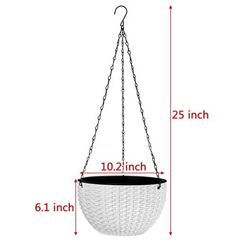 Foraineam 10.2 Inch Dual-pots Design Hanging Basket Planters Self-Watering Indoor Outdoor Hanging Flower Plant Pot with Drainer and Chain (White) - size: 10.2”